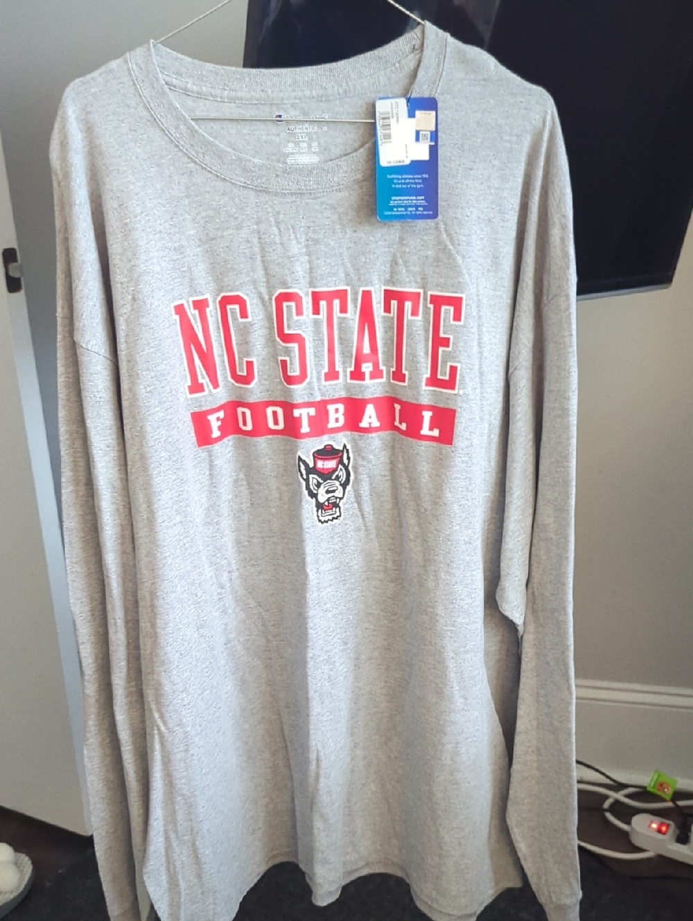 Champion Gray NC State Football Long Sleeve Tee with Red Logo